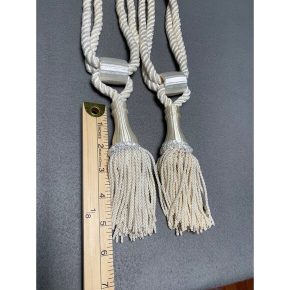 Vintage Ivory Curtain Tie Backs Pair with Tassels 17" Long Decorative Rope Holdb - Picture 6 of 13